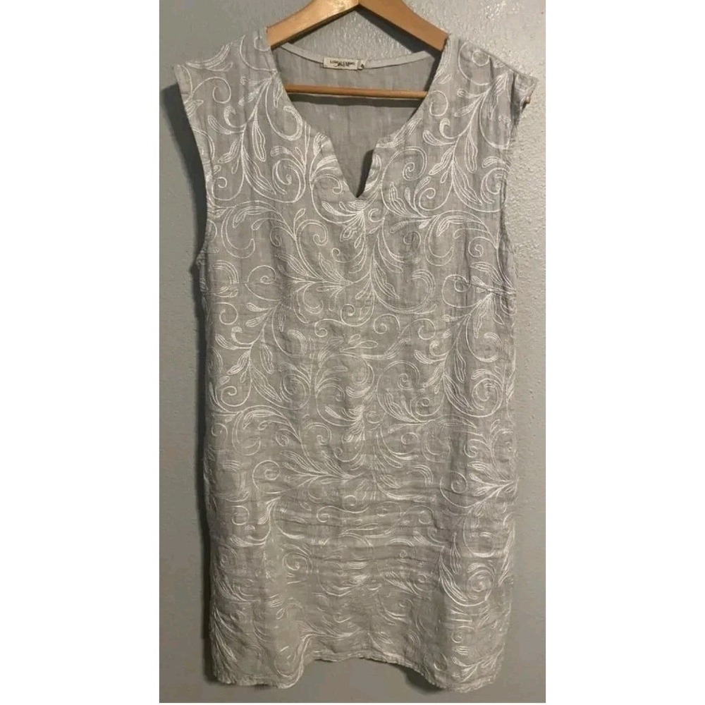 LUNGO L'ARNO 100% Linen Lagenlook Coastal  Dress Sz L Embroidered Pockets Floral